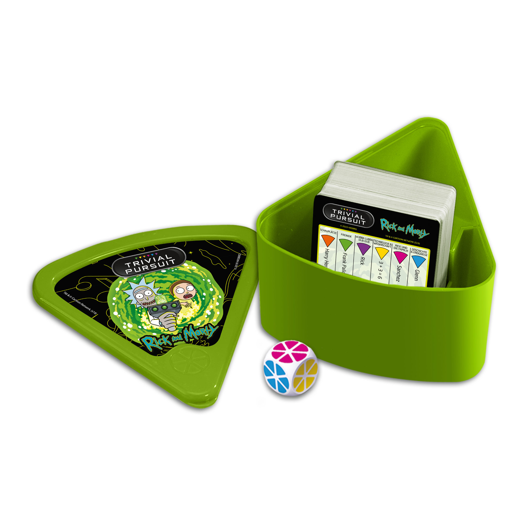 Die Spielbox von Trivial Pursuit: Rick and Morty, geöffnet mit Karten, einem Würfel und einem grünen Behälter.