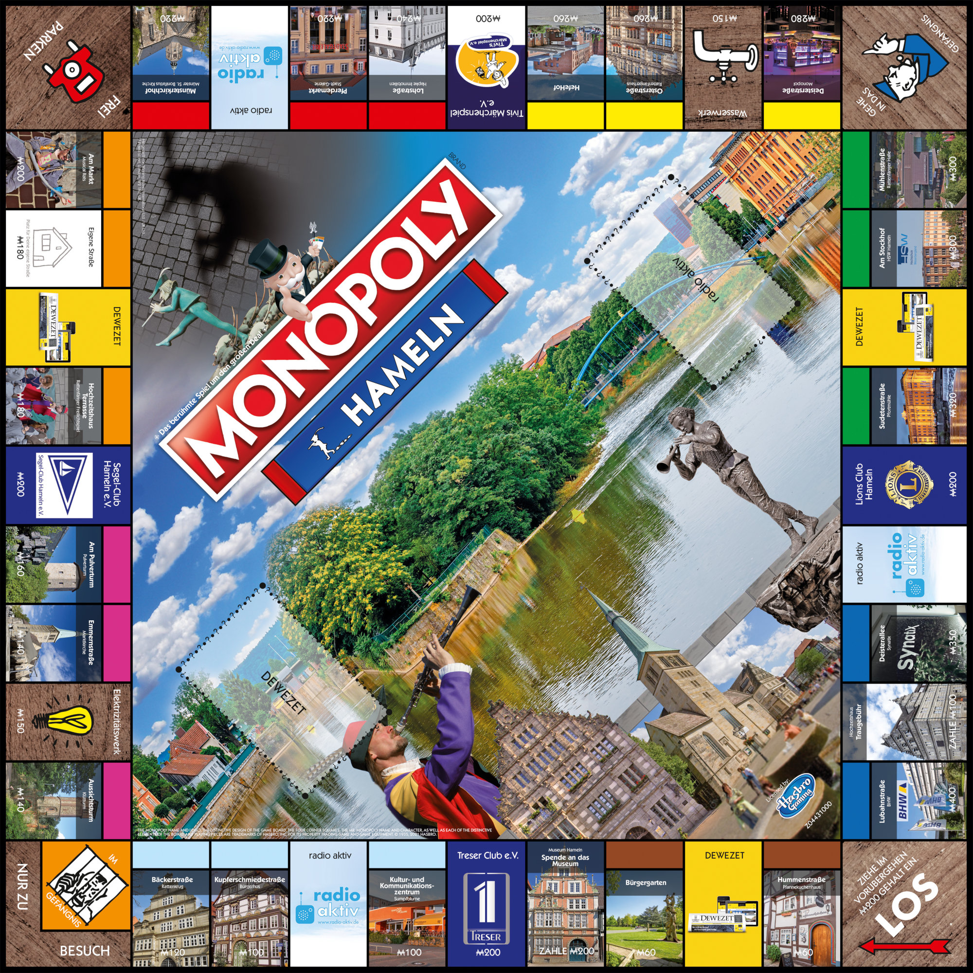 Monopoly Hameln Brettspiel. Enthält Wahrzeichen, Stadtbilder und eine Flussszene.