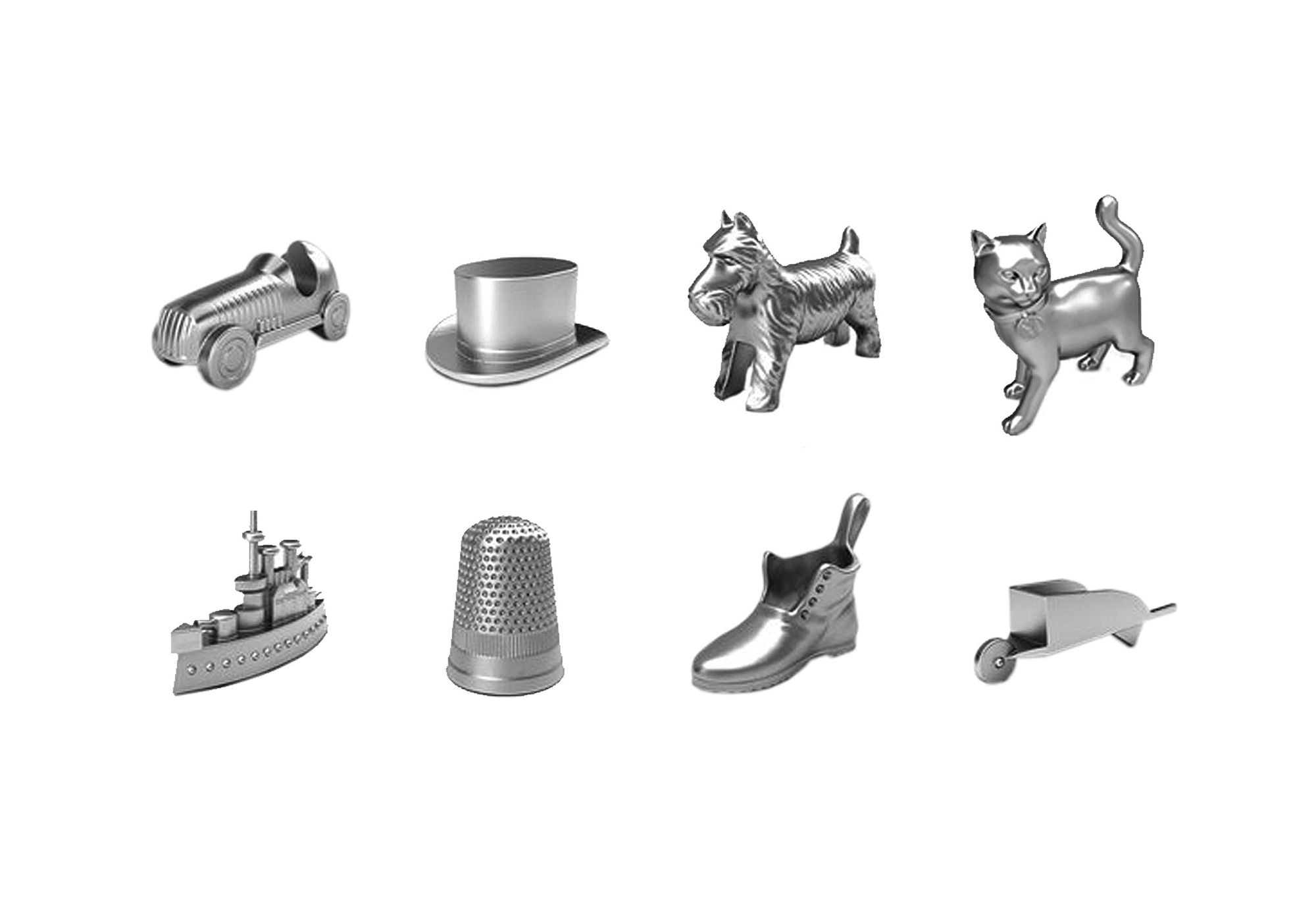 Monopoly-Spielfiguren: Auto, Hut, Hund, Katze, Schiff, Fingerhut, Schuh und Schubkarre.