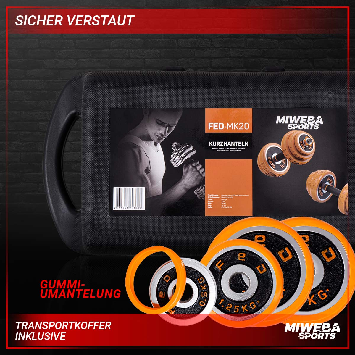 MIWEBA SPORTS 4in1 FED Kurzhantel, orange 30 Hanteln + Koffer kg Set