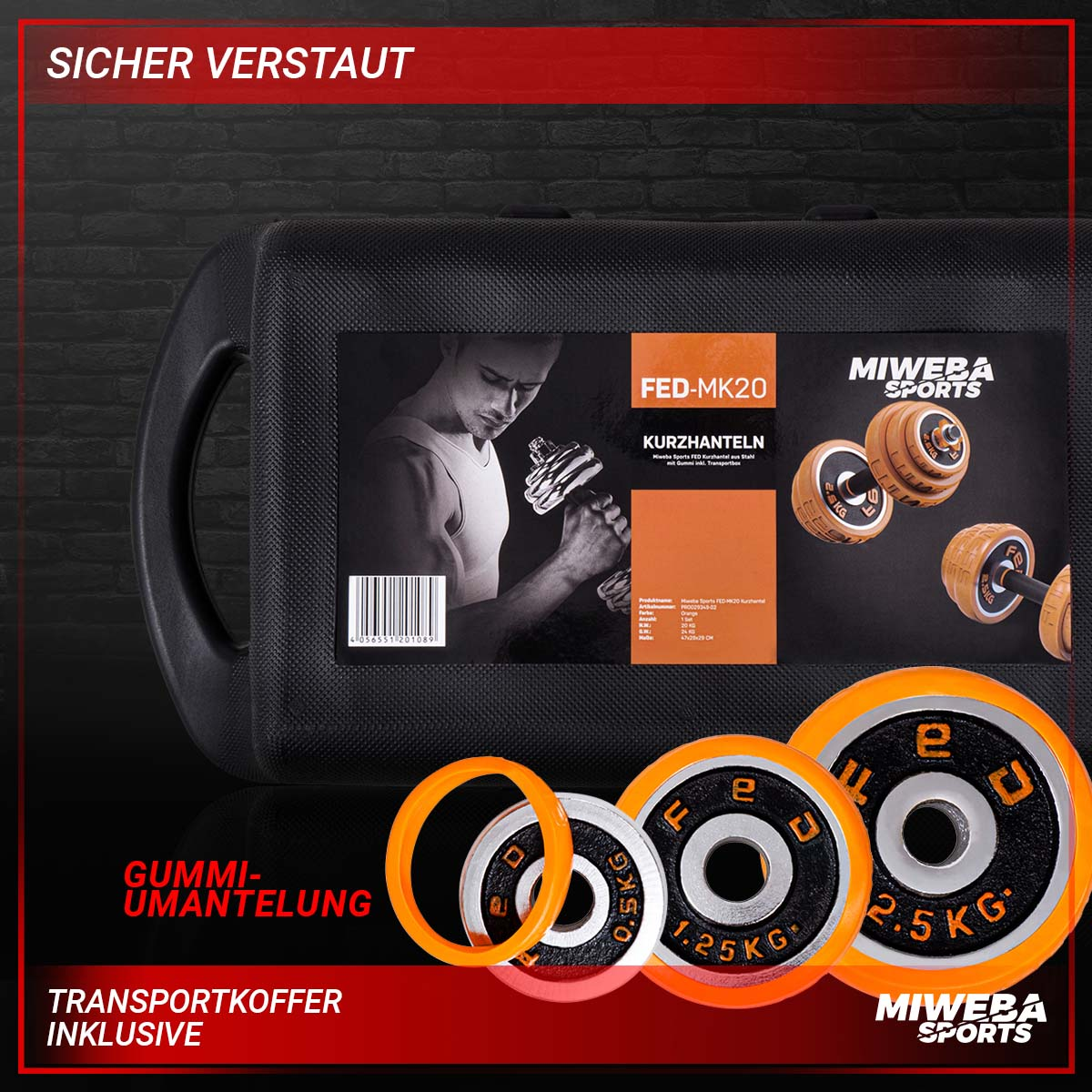 orange Kurzhantel, SPORTS Hanteln 4in1 20 MIWEBA + FED kg Koffer Set