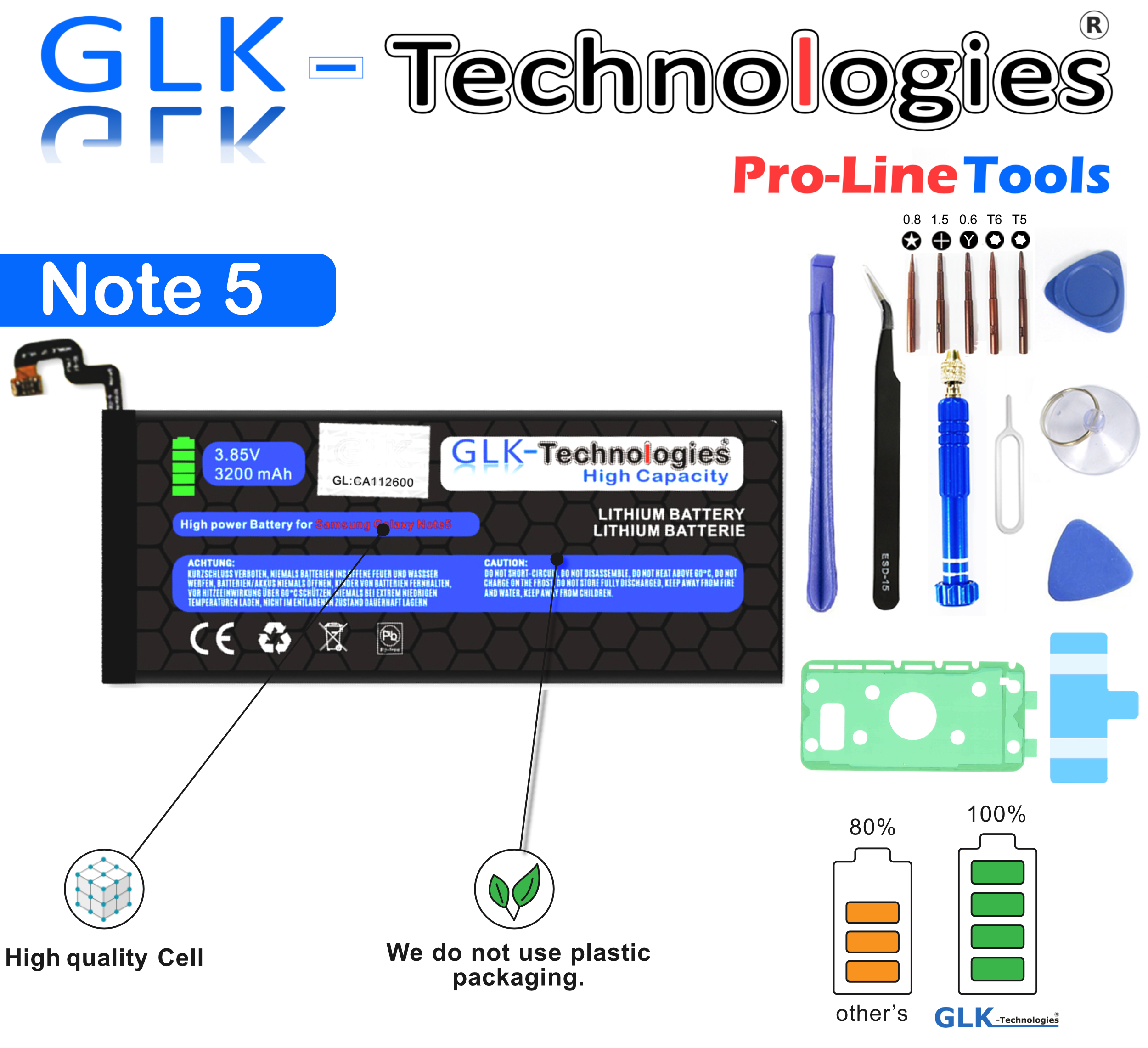 Lithium-Ionen-Akku Set für GLK-TECHNOLOGIES Note | Galaxy | 5 Akku 3200 EB-BN920ABA inkl. Ersatz Werkzeug Smartphone Akku mAh Akku Battery | Samsung SM-N920