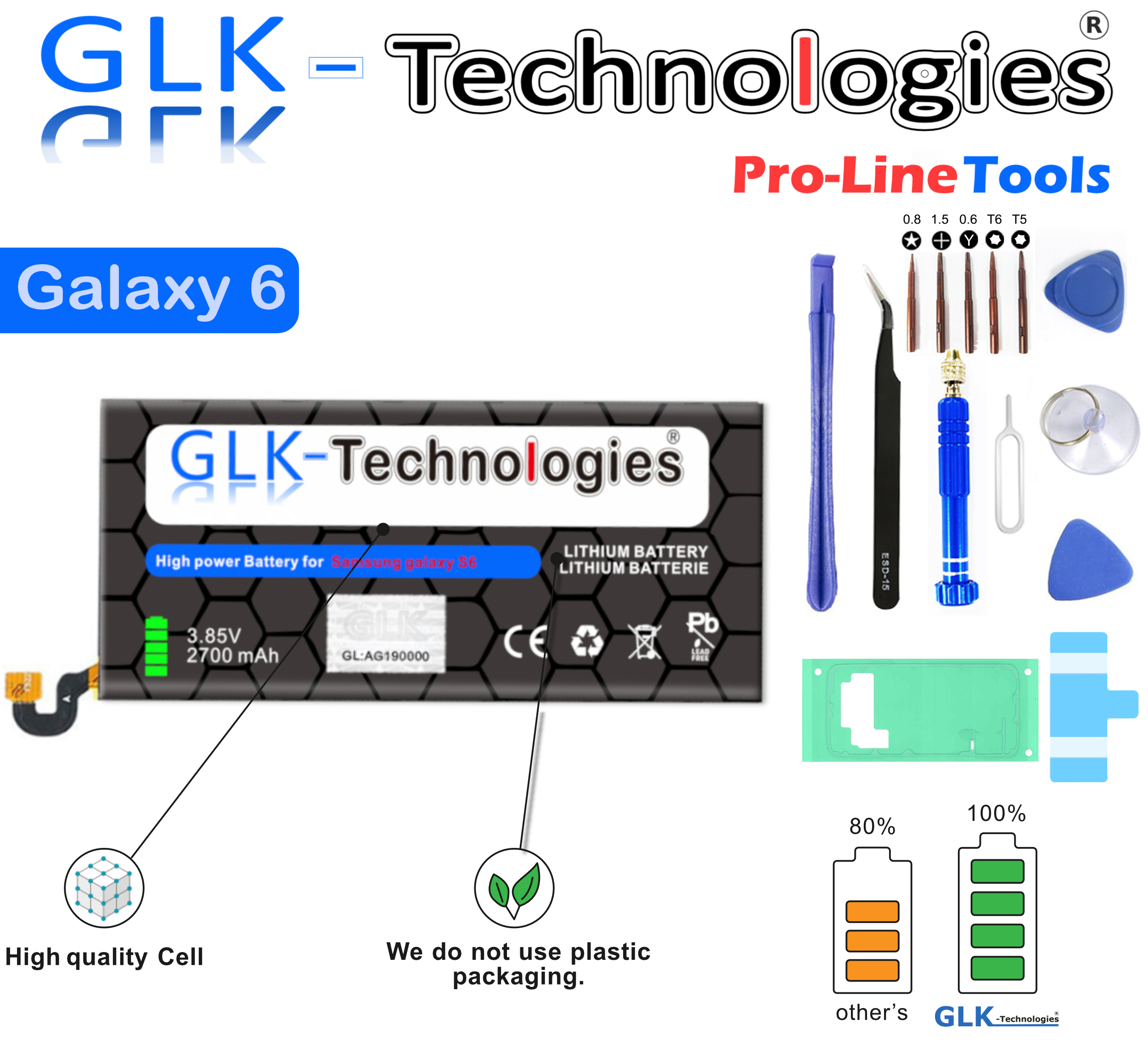 EB-BG920ABE S6 Akku Werkzeug Set mAh Akku / Ersatz Akku 2700 | Lithium-Ionen-Akku GLK-TECHNOLOGIES | Galaxy für | Battery Smartphone SM-G920F Samsung inkl.