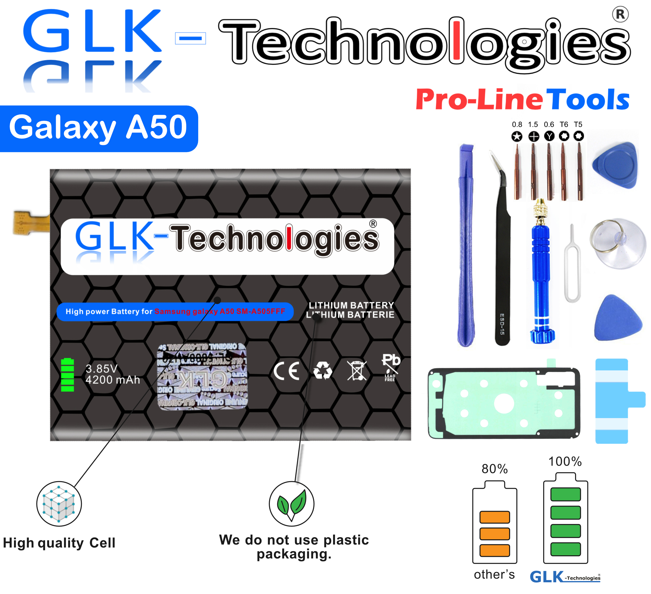 GLK-TECHNOLOGIES Akku für Samsung A20 Battery Akku | A30 A505F Set A305F A205F Smartphone Ersatz Lithium-Ionen-Akku Werkzeug Kit Galaxy A50 EB-BA505ABU inkl