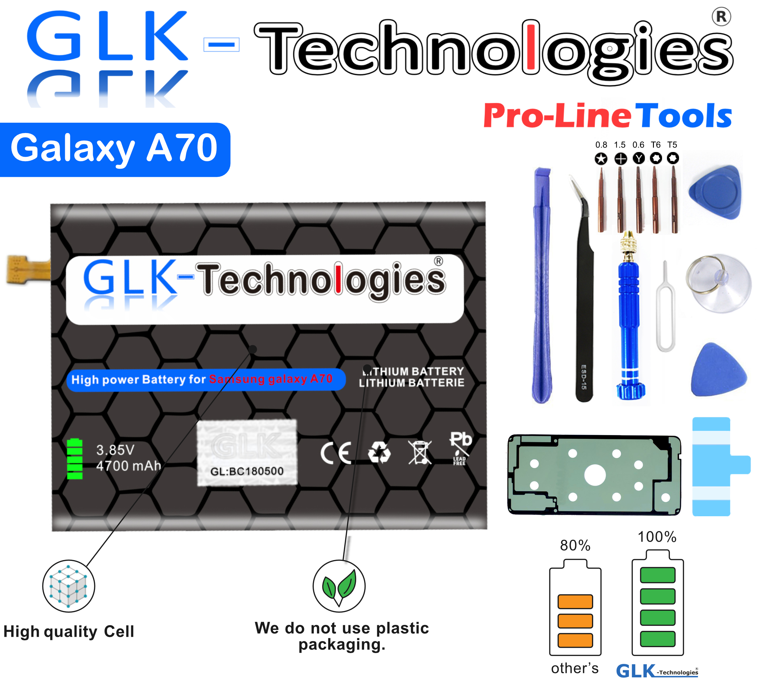 A70 Lithium-Ionen-Akku DUAL / | SIM Akku GLK-TECHNOLOGIES Set akku Galaxy Samsung Ersatz | Werkzeug Kit SM-A705DS Smartphone für A70 SM-A705F Battery inkl.