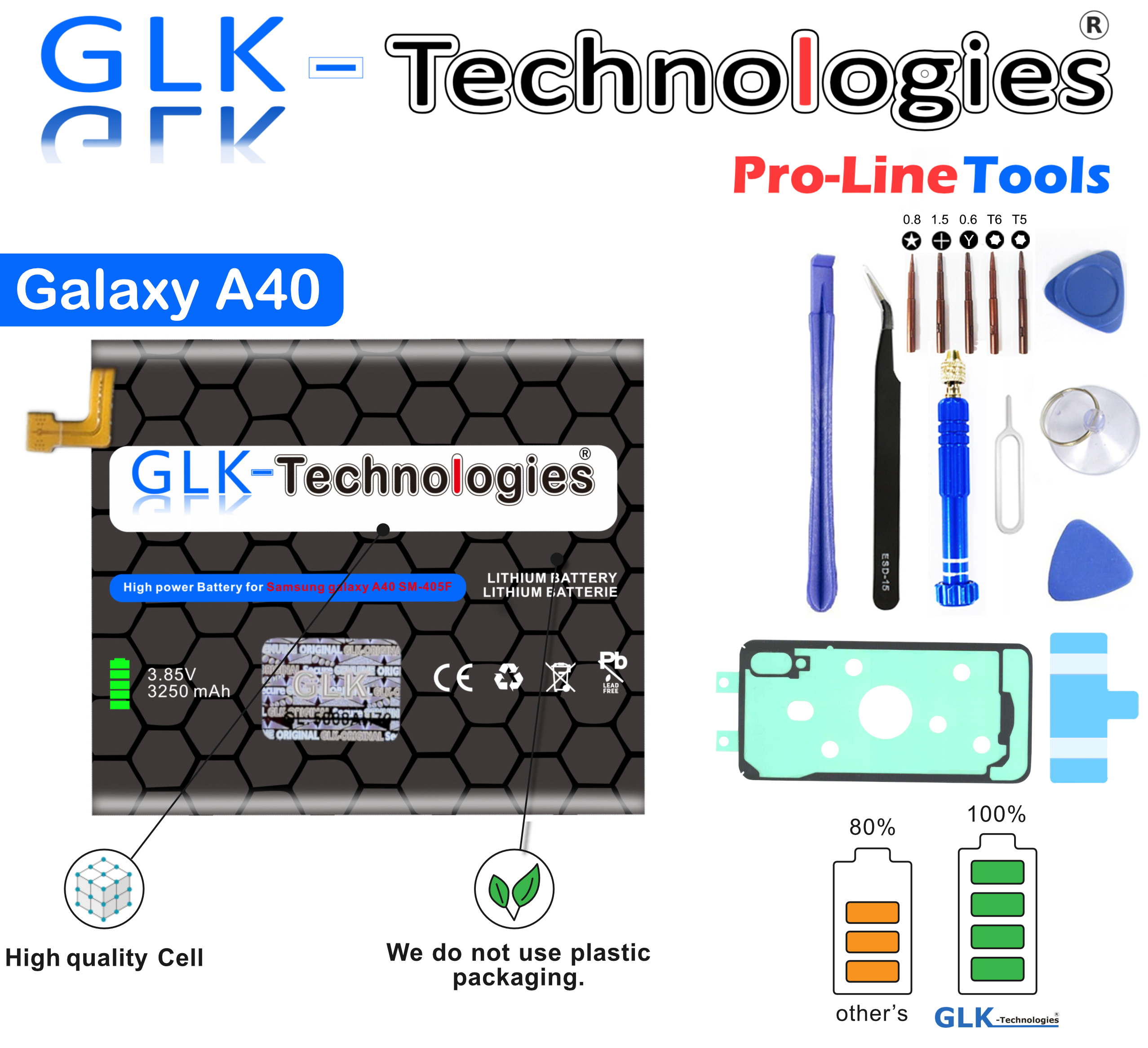 GLK-TECHNOLOGIES Akku (A405F) Werkzeug Akku Ersatz Samsung 3250mAh A40 PROFI | EB-BA405ABE Galaxy Battery | Smartphone für Lithium-Ionen-Akku inkl. | | Akku
