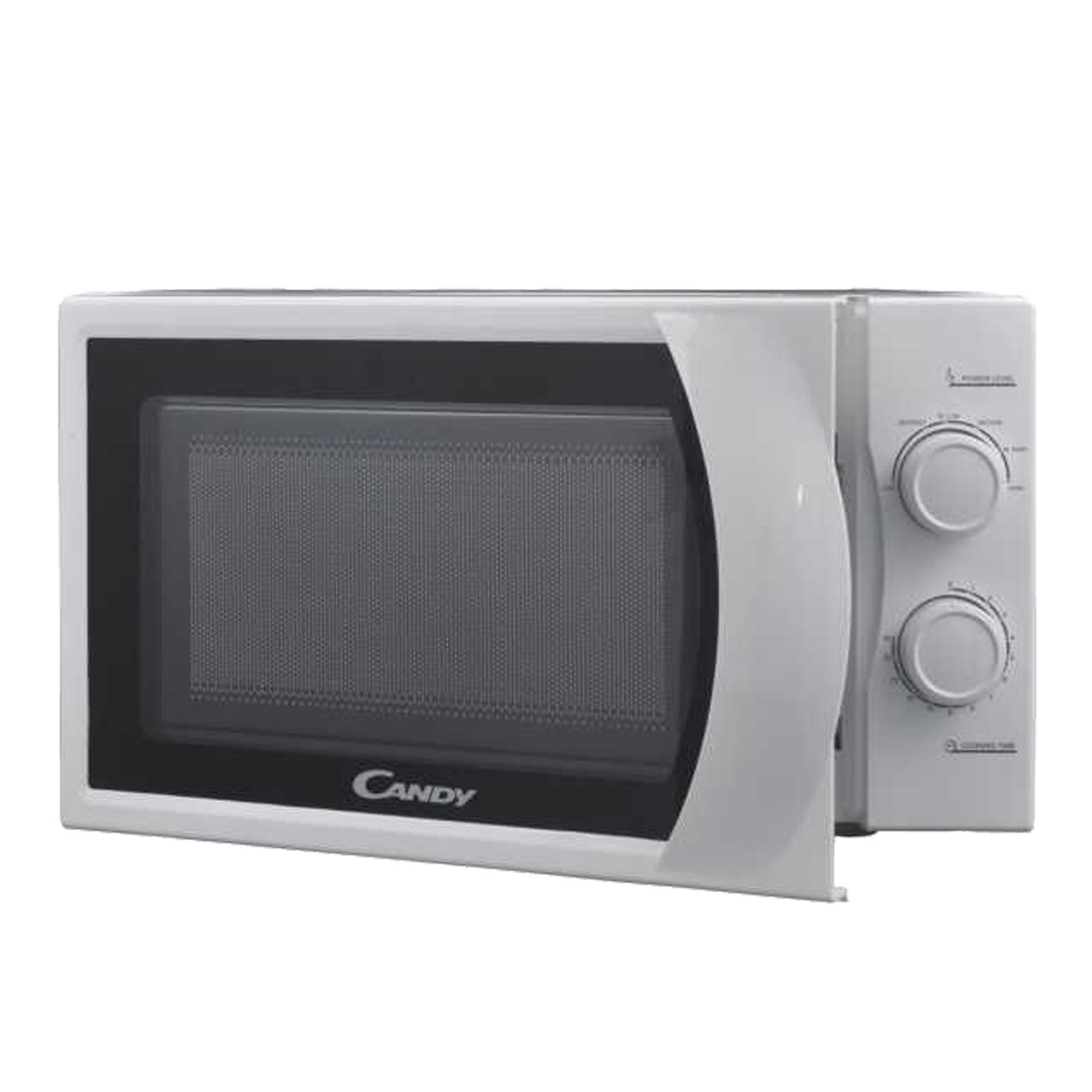Biała kuchenka mikrofalowa z otwartymi drzwiami, dwoma pokrętłami i logo 'Candy'.