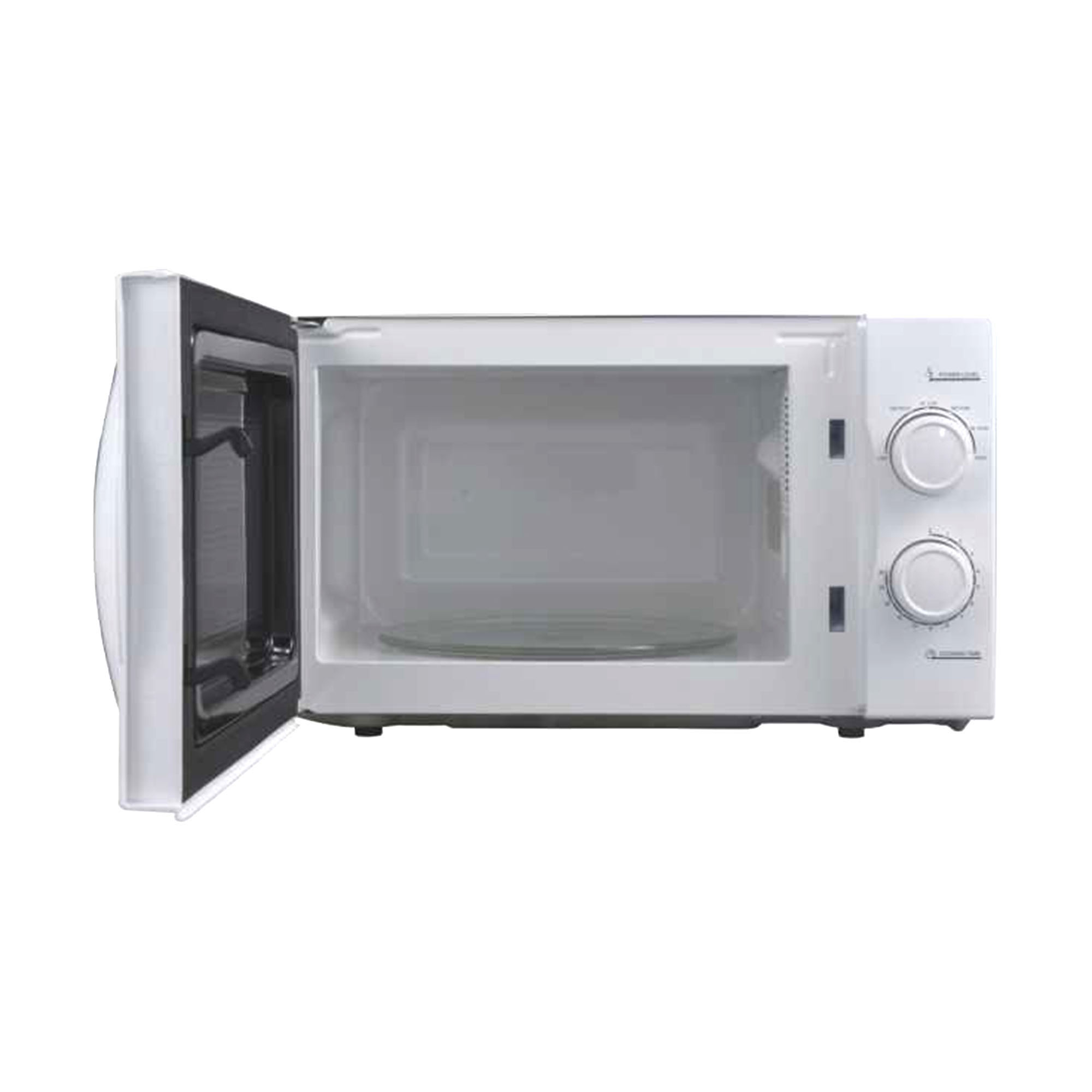 Biała kuchenka mikrofalowa z otwartymi drzwiami. Wnętrze widoczne, ze szklanym talerzem w środku.