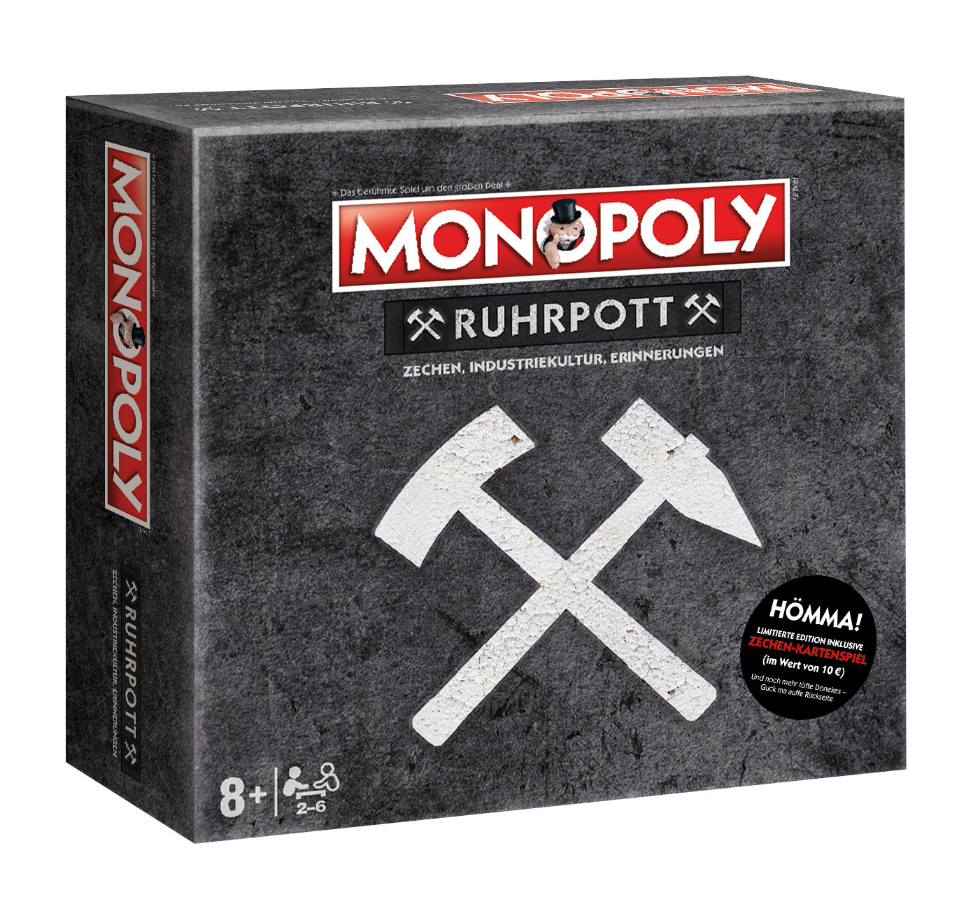 Monopoly Ruhrpott Brettspielbox auf dunklem, strukturiertem Hintergrund mit weißen Hammer-Symbolen.