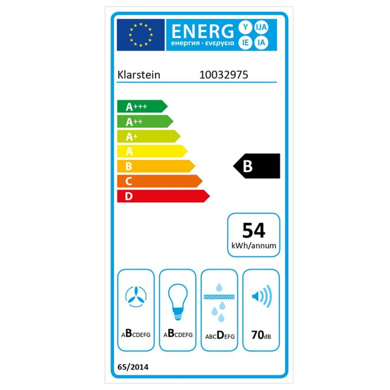Etiqueta de eficiencia energética. Muestra clase B, con iconos de ventilador, bombilla y sonido.