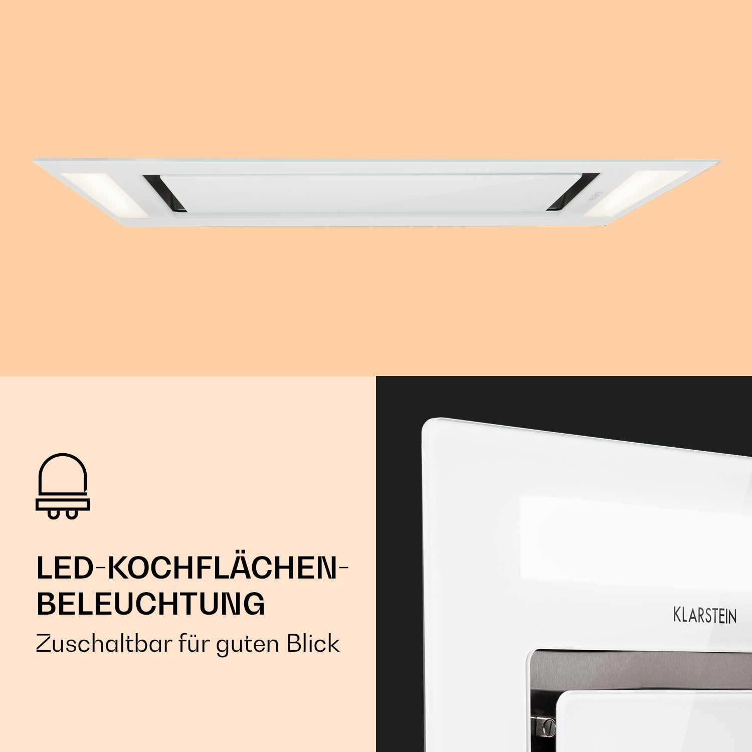Cappa rettangolare bianca con luci e testo sull'illuminazione a LED.