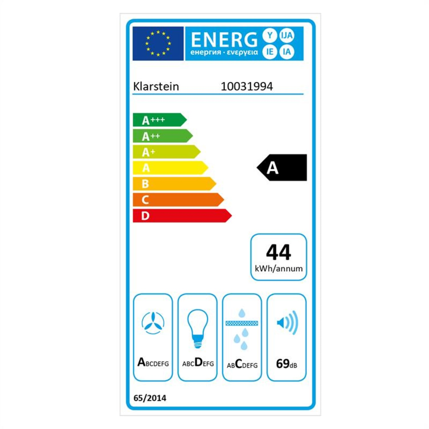Etichetta energetica per un prodotto Klarstein, che mostra l'efficienza energetica e il livello sonoro.