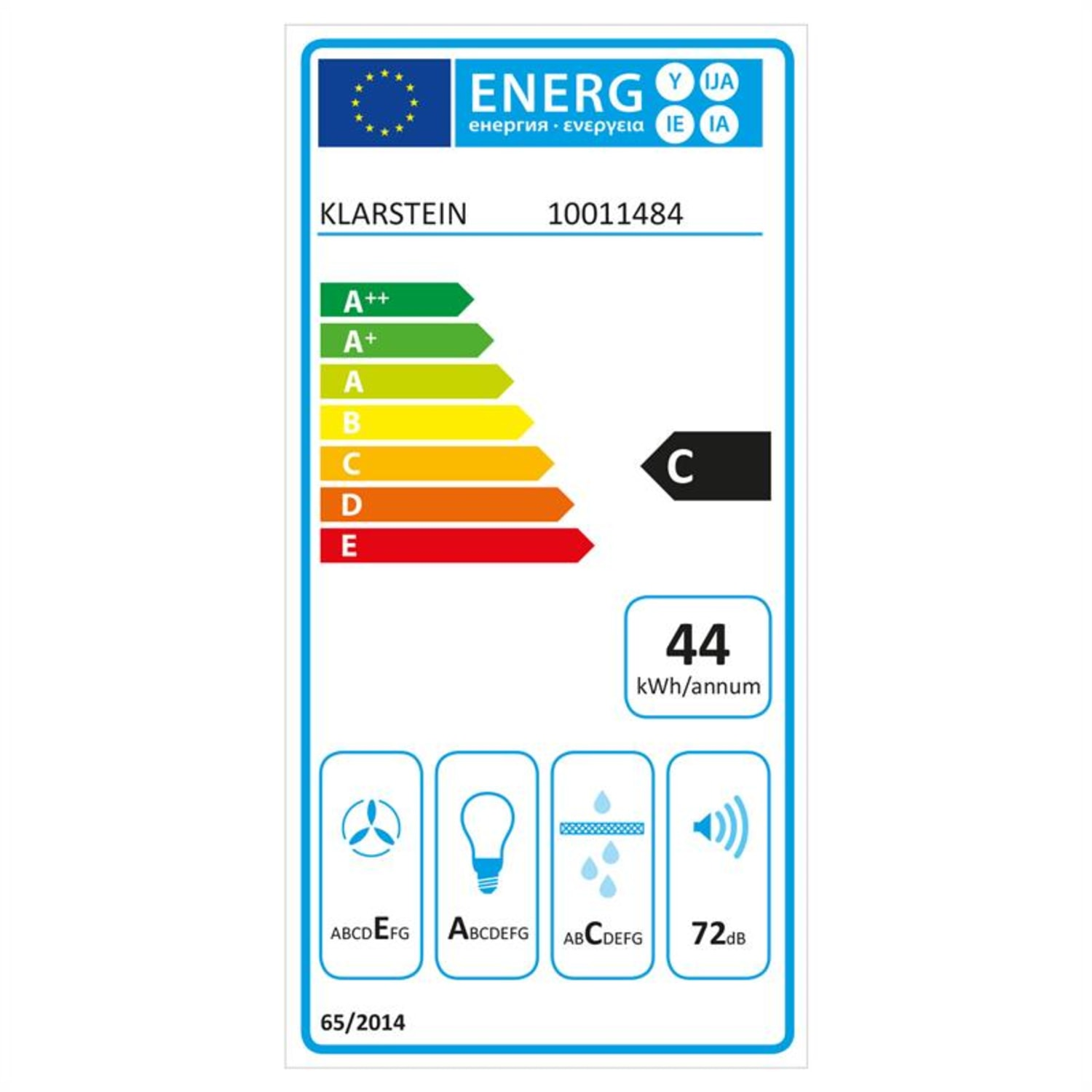 Etichetta energetica per un elettrodomestico Klarstein, che mostra l'efficienza energetica e altri dettagli.