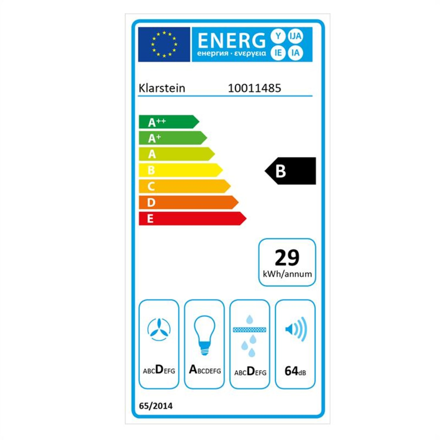 Etiqueta energética que muestra información sobre la eficiencia energética. La etiqueta muestra una clasificación B y 29 kWh/año.