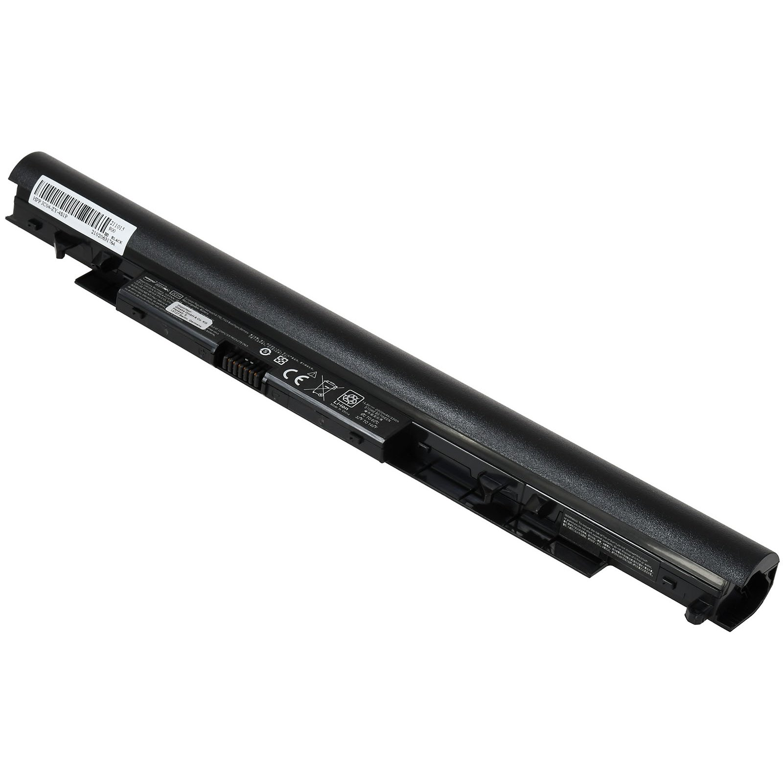 Schwarzer Laptop-Akku. Der Akku ist lang und rechteckig mit einem angebrachten Etikett.