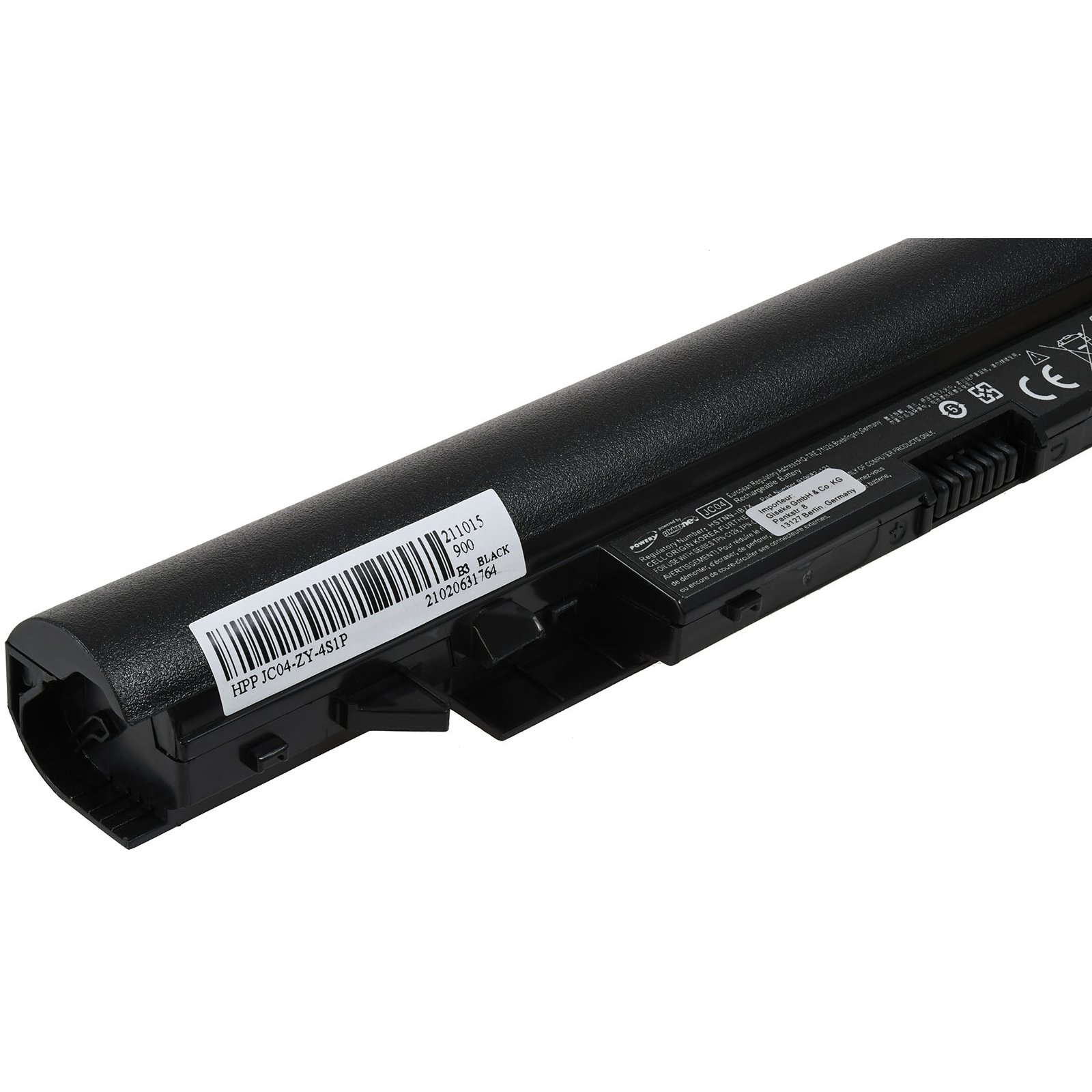 Eine schwarze Laptop-Batterie mit einem Aufkleber darauf.