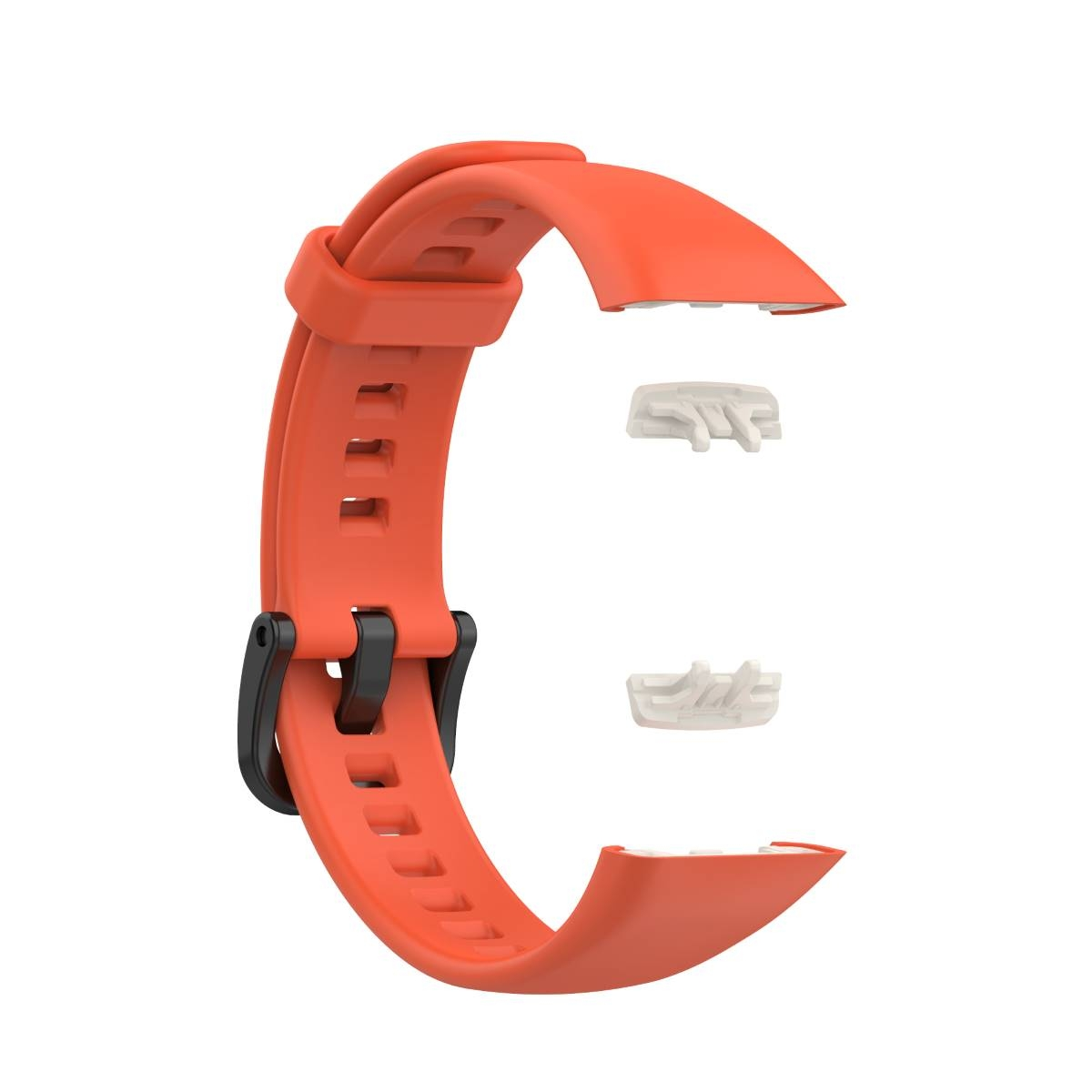 Ein oranges Smartwatch-Armband mit schwarzer Schließe und zwei weißen Befestigungsteilen.