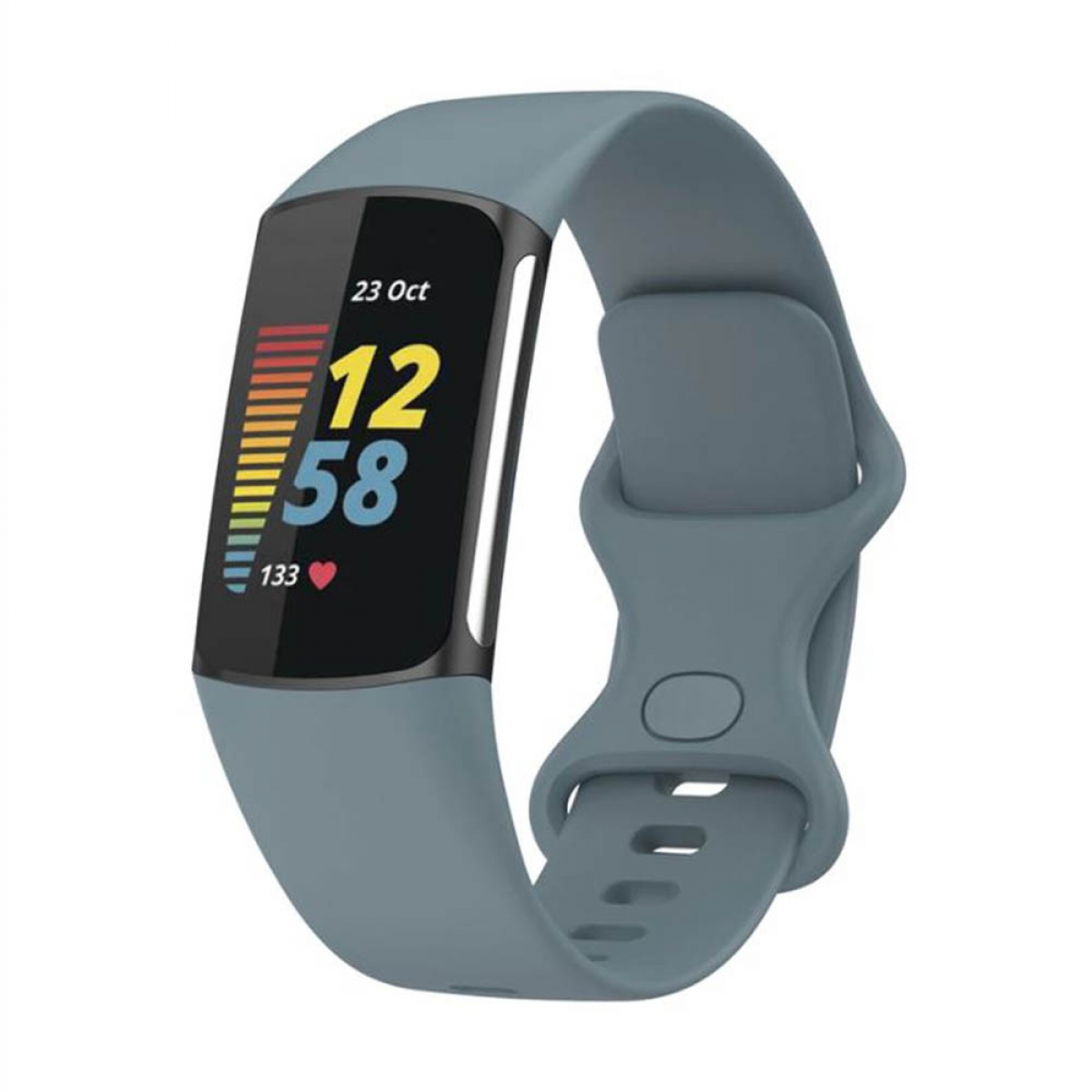 Eine graue Fitnessuhr zeigt Datum, Uhrzeit und Herzfrequenz an.