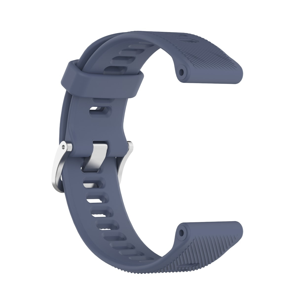 Ein geschwungenes, blaugraues Uhrenarmband mit einer silbernen Schnalle.