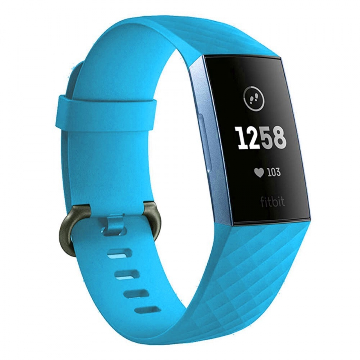 Blauer Fitness-Tracker mit schwarzem Bildschirm und weißem Text. Weißer Hintergrund.