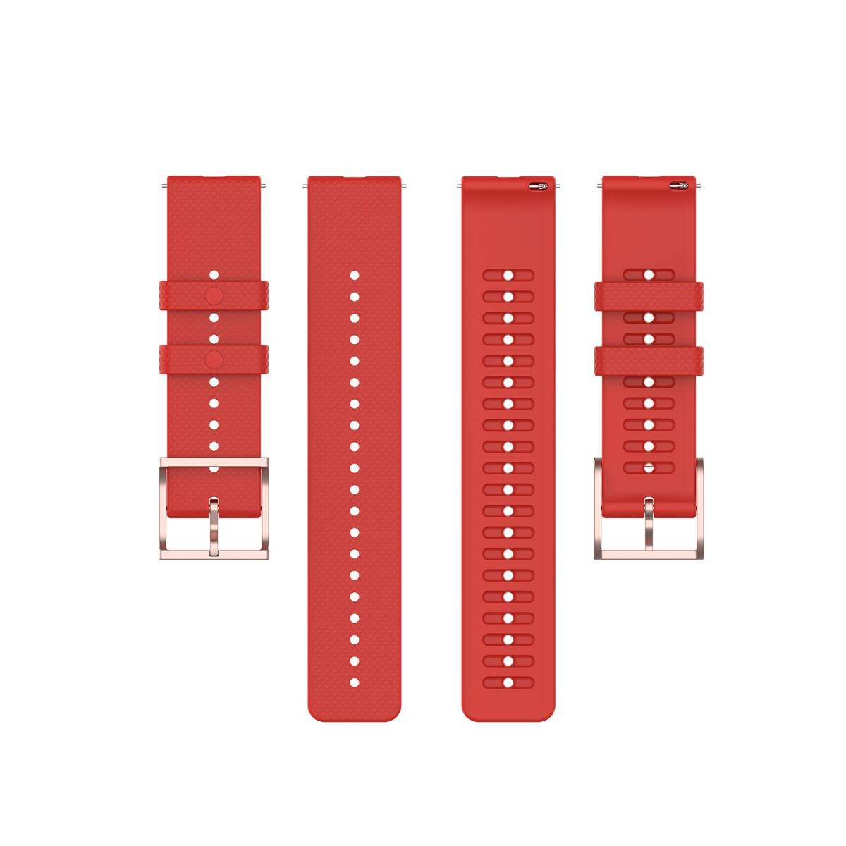 Vier rote Uhrenarmbänder sind ausgelegt, die oberen beiden sind geschnallt, die unteren beiden nicht.