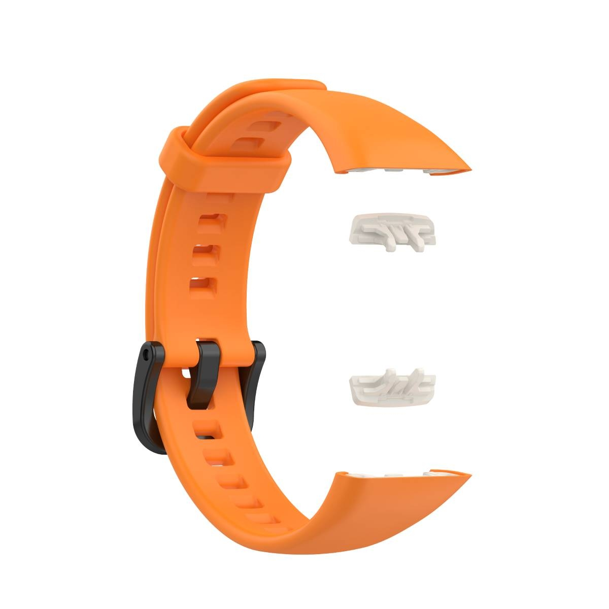 Oranges Smartwatch-Armband mit schwarzem Verschluss und weißen Aufsätzen.