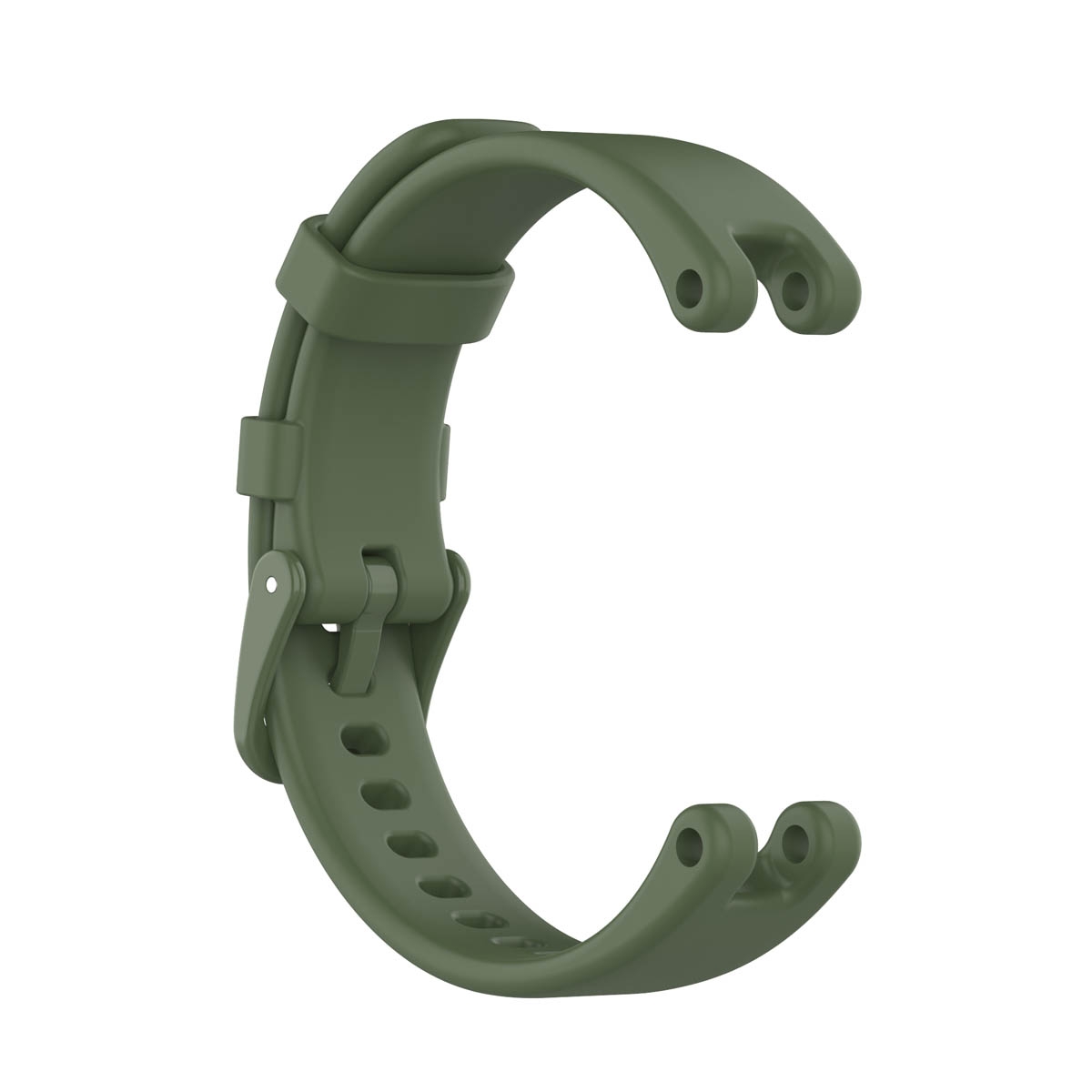 Ein gebogenes Uhrenarmband in Olivgrün mit Schnalle und Löchern zur Einstellung, isoliert auf weißem Hintergrund.