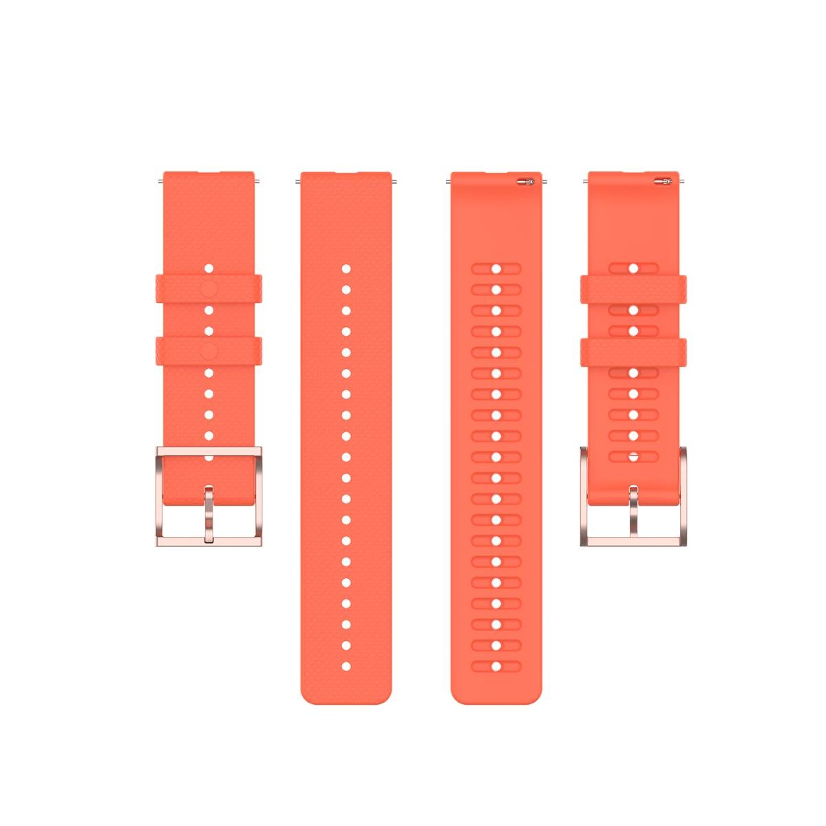 Vier Uhrenarmbänder, orange. Jedes hat Löcher und eine Schnalle. Auf weißem Hintergrund.