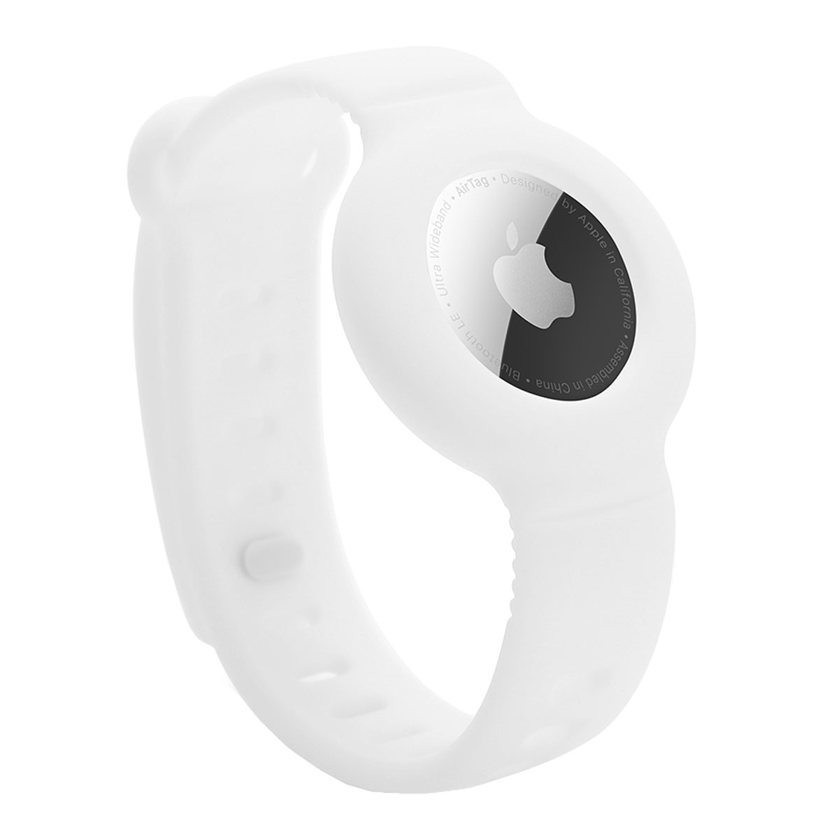 Weißes Apple AirTag Armband. Es hat eine Schlaufenform mit einem Logo auf der Vorderseite.