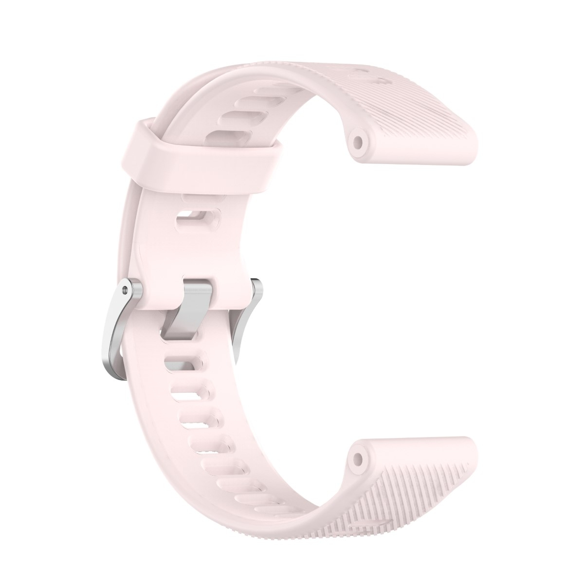 Ein geschwungenes, rosa Uhrenarmband mit einer silbernen Schnalle.
