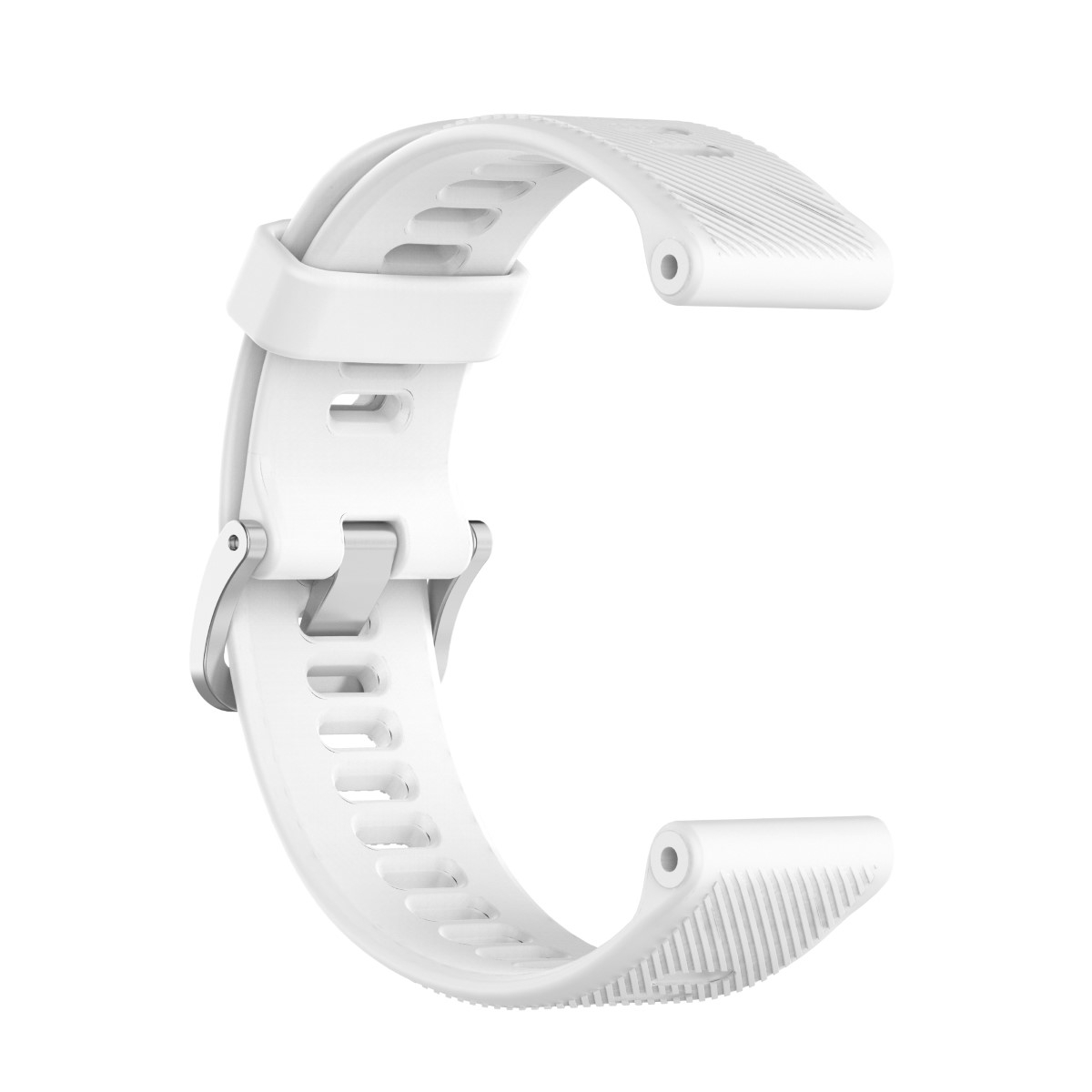 Ein weißes Uhrenarmband, ein Teil einer Smartwatch mit silberner Schnalle.