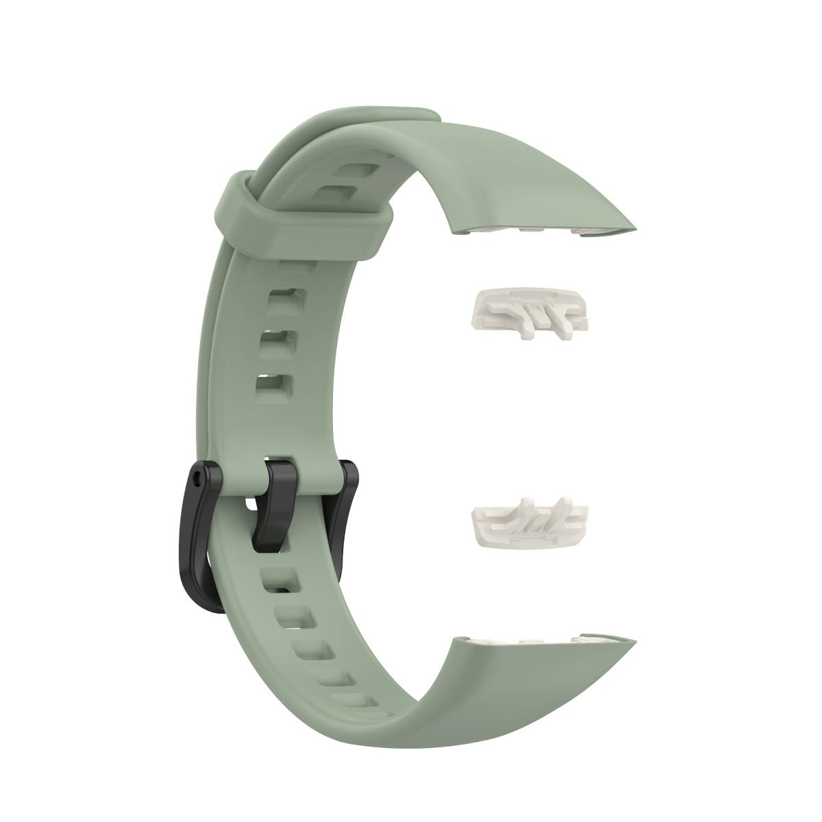 Grünes Uhrenarmband mit schwarzer Schnalle und zwei weißen Verbindungsteilen.