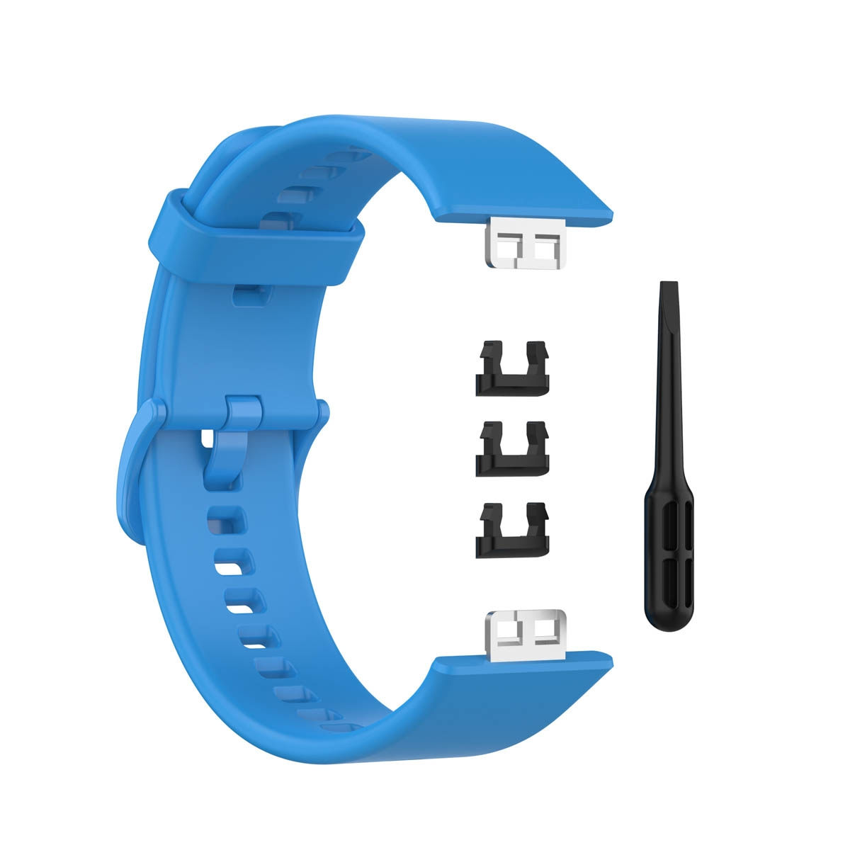 Ein blaues Uhrenarmband mit silbernen Aufsätzen und Werkzeugen, vor weißem Hintergrund.