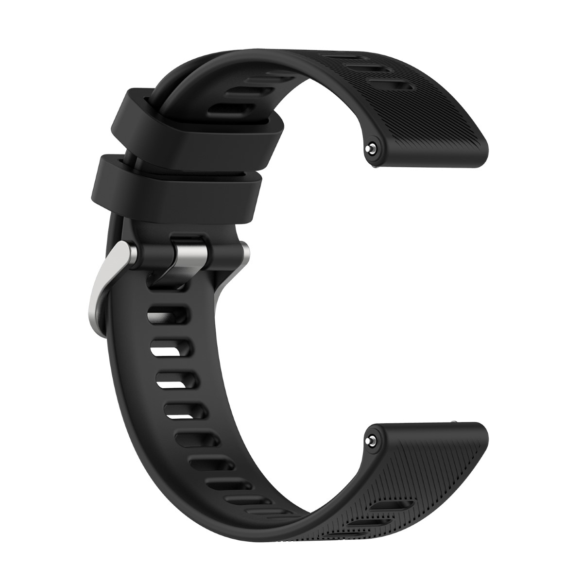 Schwarzes Uhrenarmband. Es ist gebogen, aus Gummi und hat eine silberne Schnalle.
