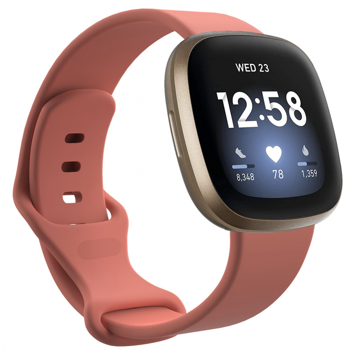 Eine rosa Smartwatch mit rosa Armband. Das Zifferblatt zeigt Uhrzeit, Herzfrequenz und Aktivitätsdaten.