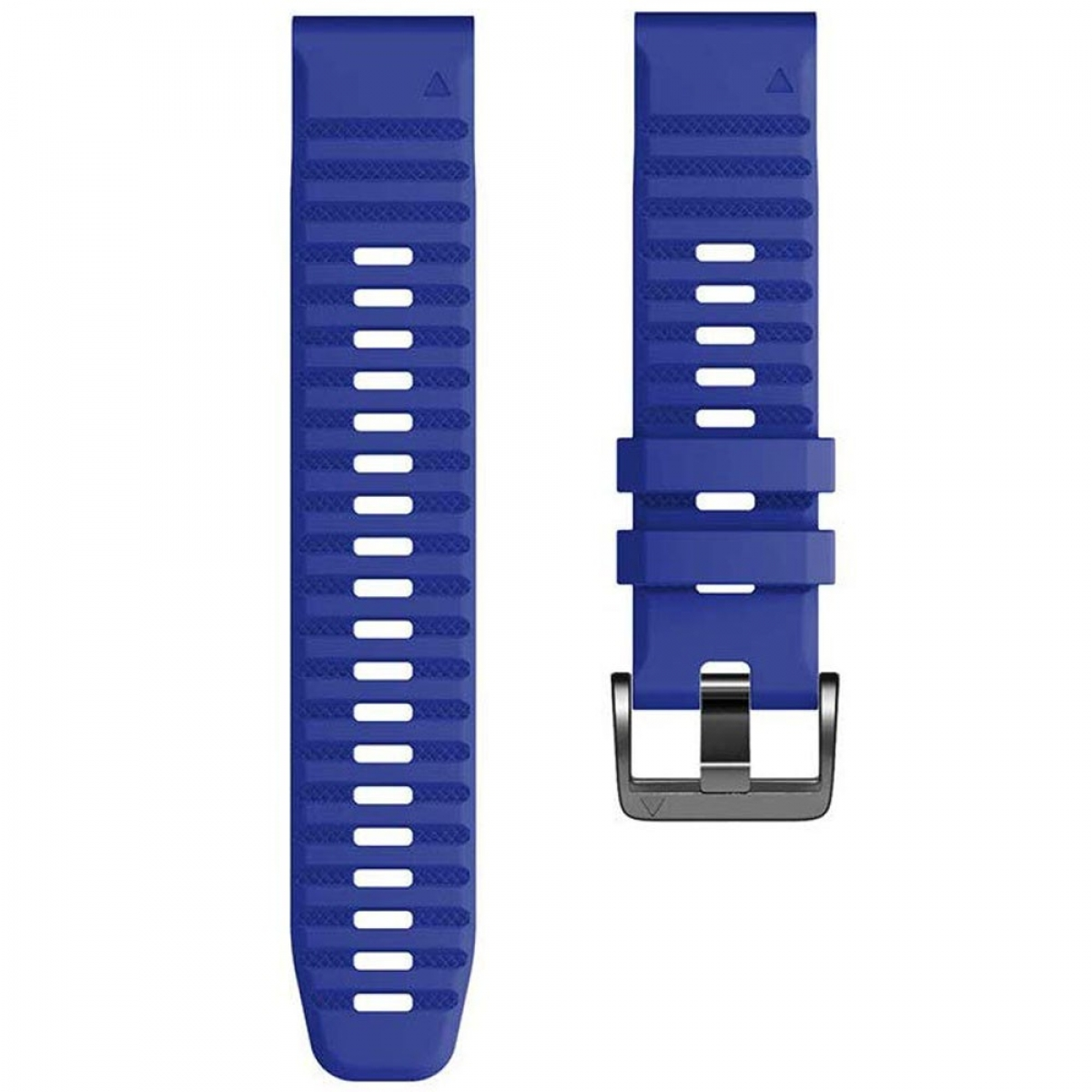 Blaues Armband mit vertikalen Linien und schwarzer Schnalle, strukturiertes Design.