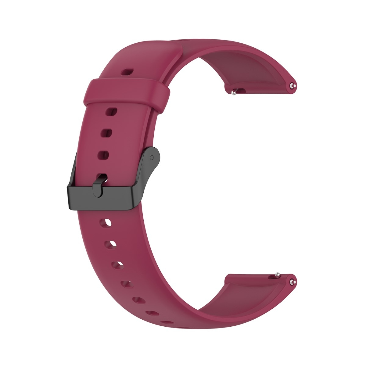 Weinrotes Uhrenarmband mit schwarzem Verschluss. Das Band hat C-Form.