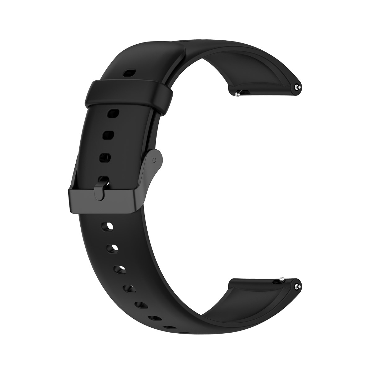 Schwarzes Uhrenarmband mit Schnalle, gebogenes Design, abgenommen. Enthält Löcher. Das Band ist auf weißem Hintergrund isoliert.
