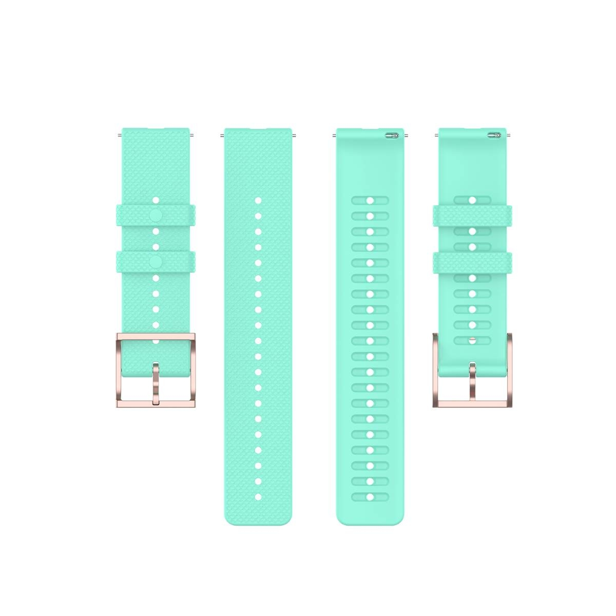 Vier mintgrüne Uhrenarmbänder mit roségoldenen Schnallen. Isoliert auf weißem Hintergrund.