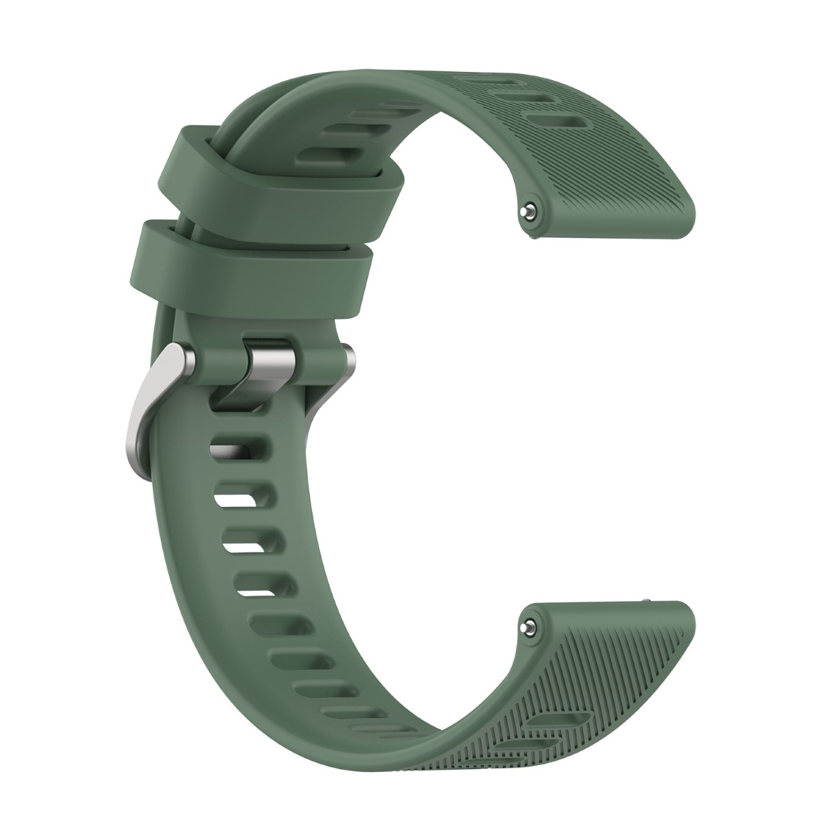 Olivgrünes Uhrenarmband mit Metallschnalle, geschwungenem Design und strukturierter Oberfläche.