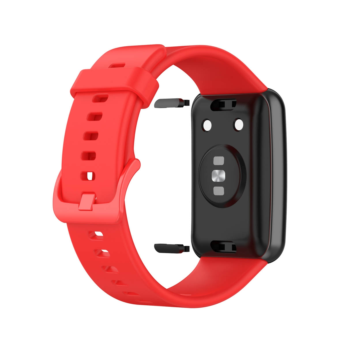 Rotes Uhrenarmband mit schwarzer Smartwatch, Herzfrequenzsensor sichtbar.