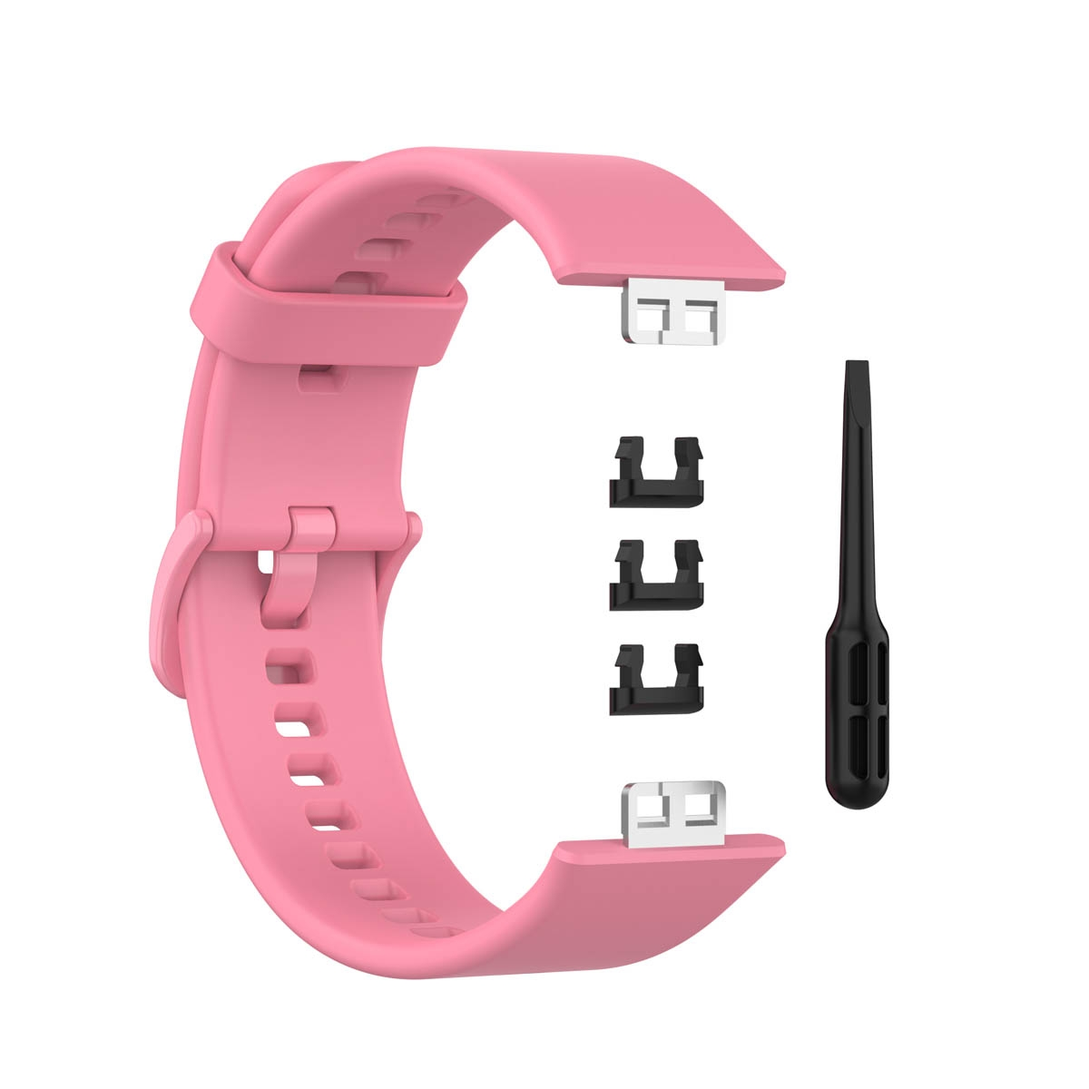 Ein rosa Uhrenarmband mit schwarzen und silbernen Verbindungsteilen und Werkzeug.