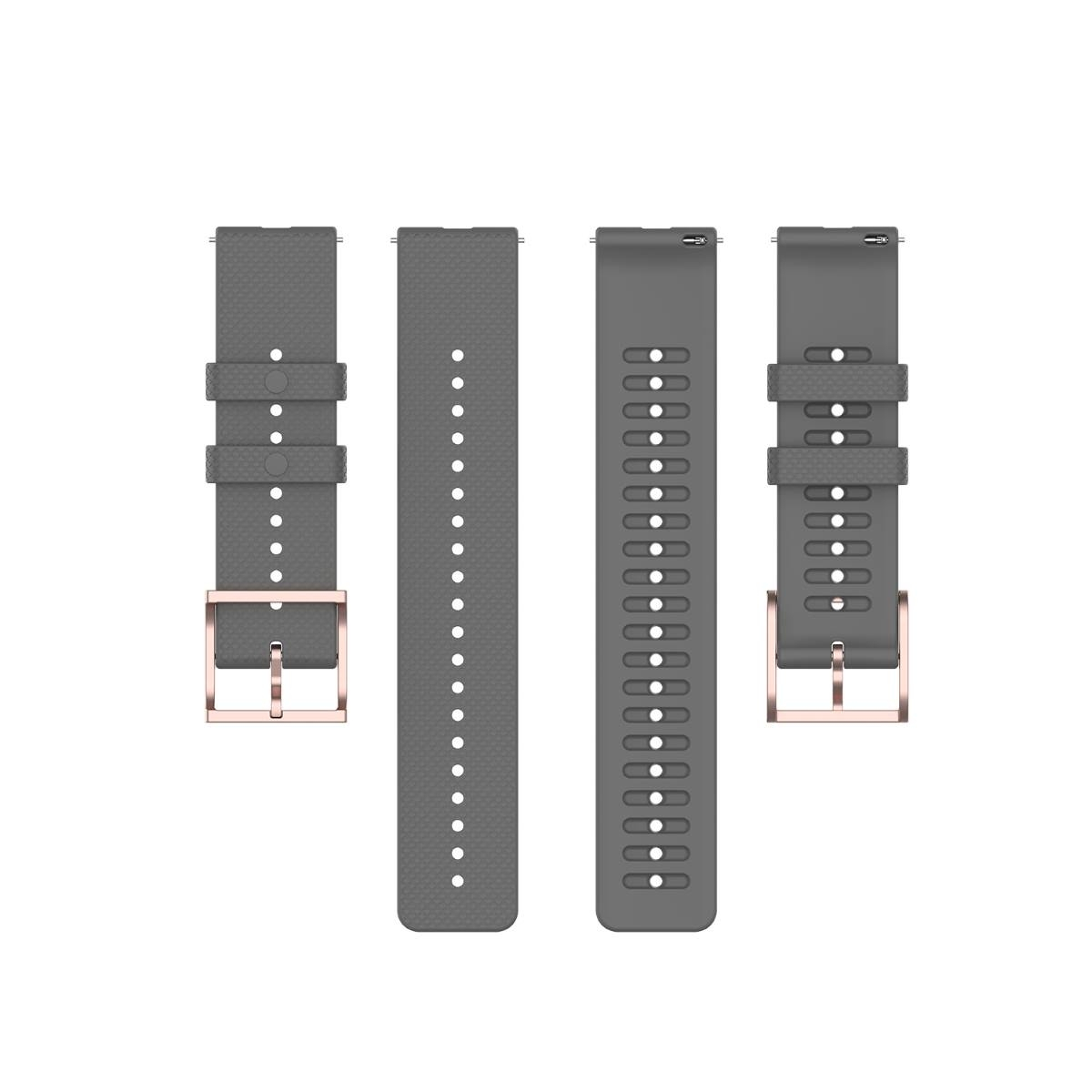 Vier graue Uhrenarmbänder, zwei mit roségoldenen Schnallen. Verschiedene Designs.