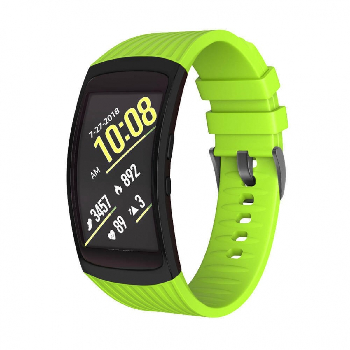 Grüne Smartwatch mit schwarzem Bildschirm, der Zeit und Daten anzeigt. Grünes Armband mit schwarzer Schnalle.