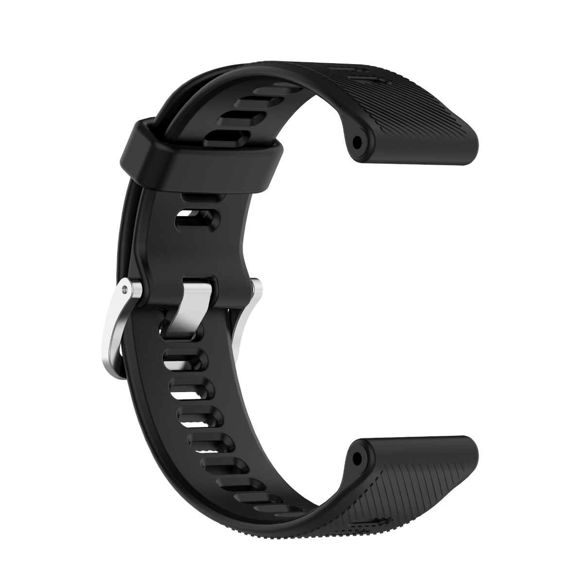 Schwarzes Uhrenarmband, gebogen, mit Schnalle und Löchern.