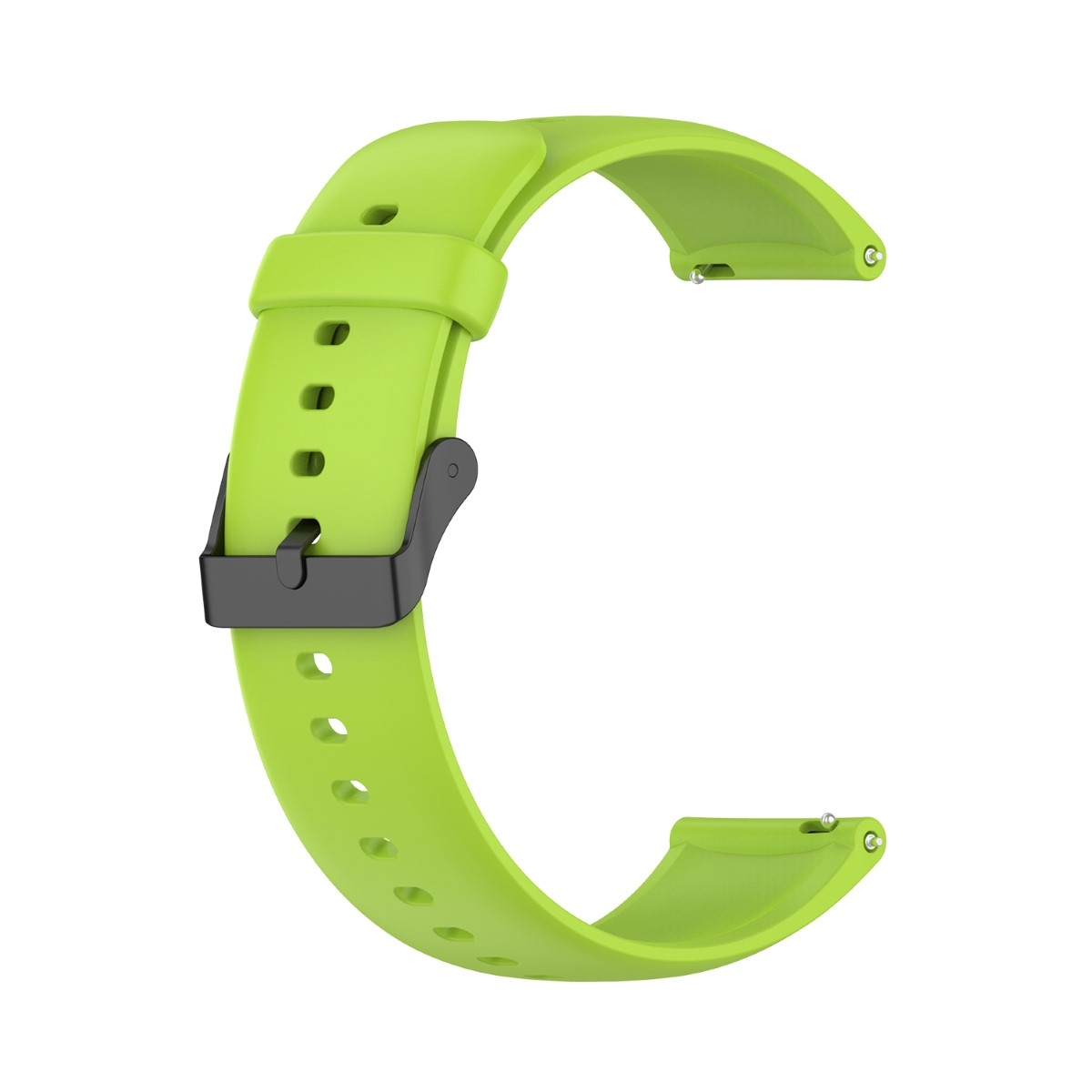 Grünes Uhrenarmband mit schwarzer Schnalle. Es ist gebogen und aus Gummi.