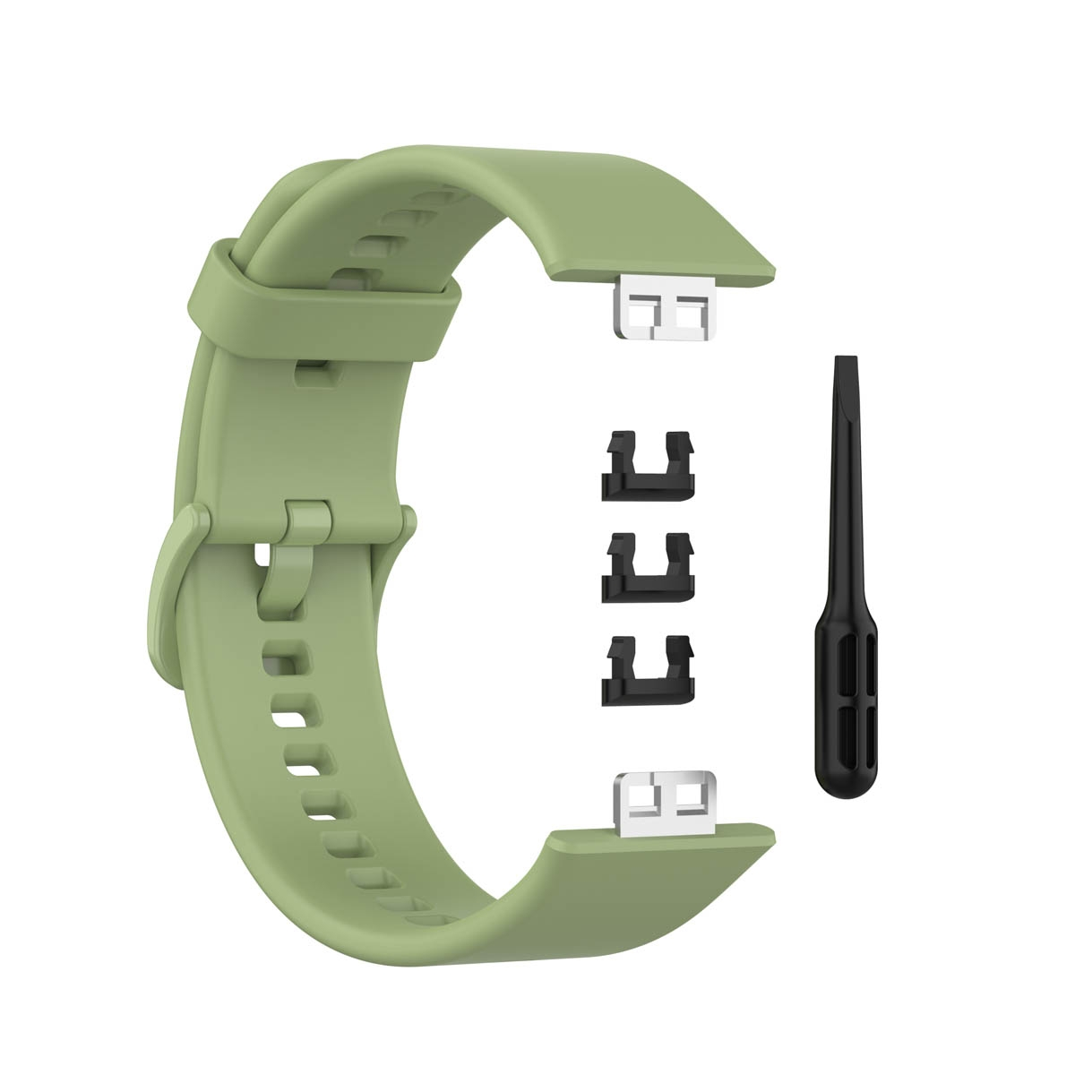 Ein olivgrünes Smartwatch-Armband mit Stift und drei schwarzen Steckern.