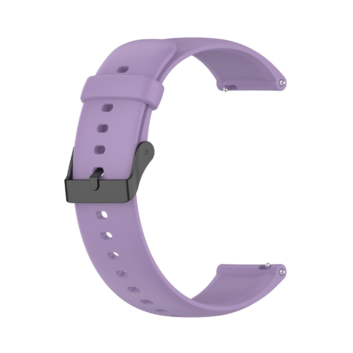 Lilafarbenes Uhrenarmband mit schwarzer Schnalle. Gebogenes Design. Weißer Hintergrund.