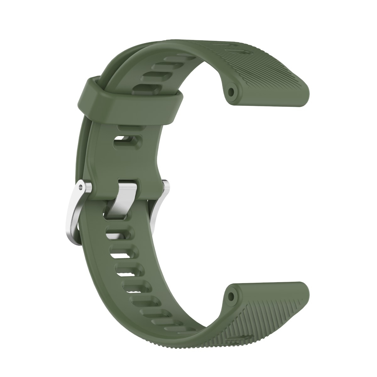 Olivgrünes Smartwatch-Armband mit gebogenem Design und silberner Schnalle, weißer Hintergrund.
