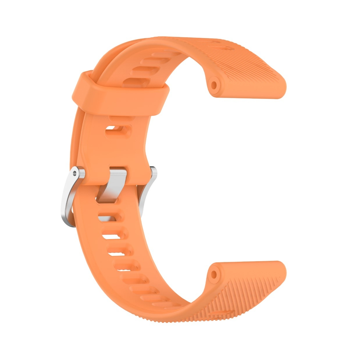 Ein orangefarbenes Uhrenarmband mit einer silbernen Schnalle. Der Hintergrund ist weiß.